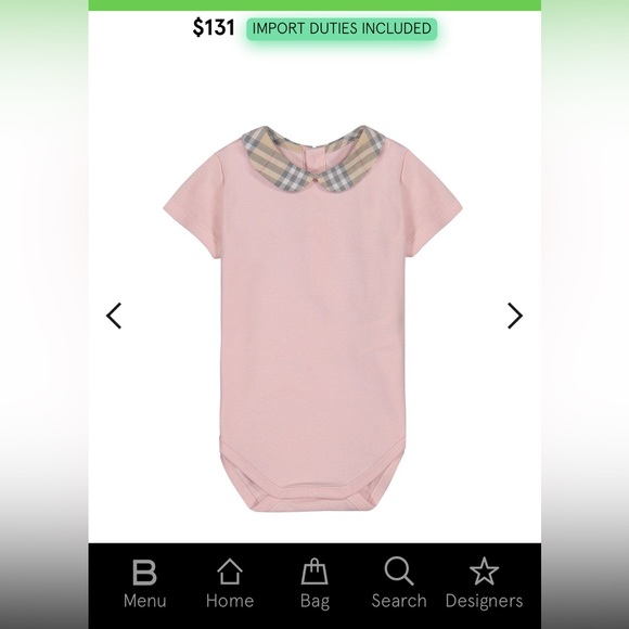 BURBERRY
Girls Light Pink Cotton Onesie with Plaid Peter Pan Collar - Picture 6 of 6